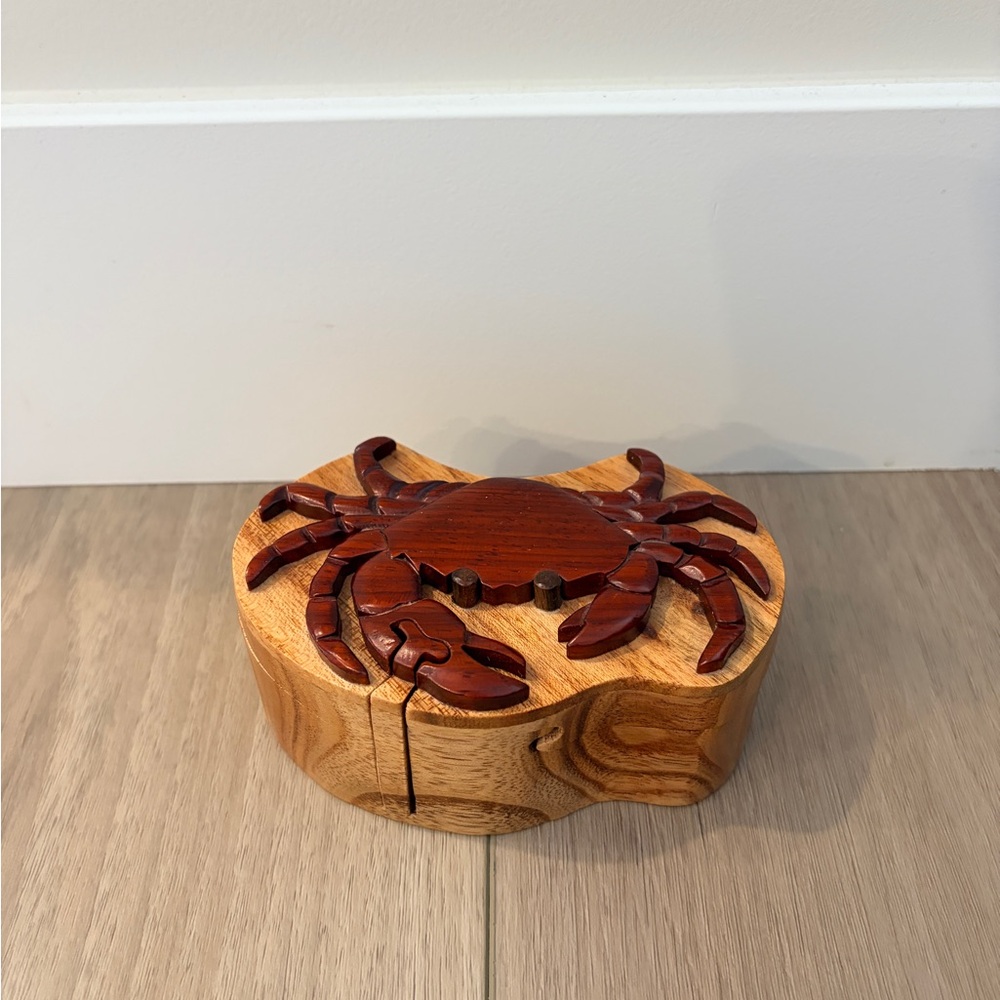 Crab  Handcrafted Carved Intarsia Wood Puzzle Box Jewelry Trinket Box